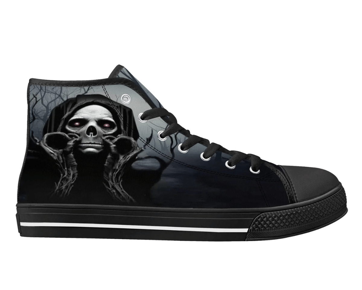Black Creepy Weepy High Top Sneakers - Gothic Crying Reaper Design by Steadfast 7, Custom Canvas Shoes