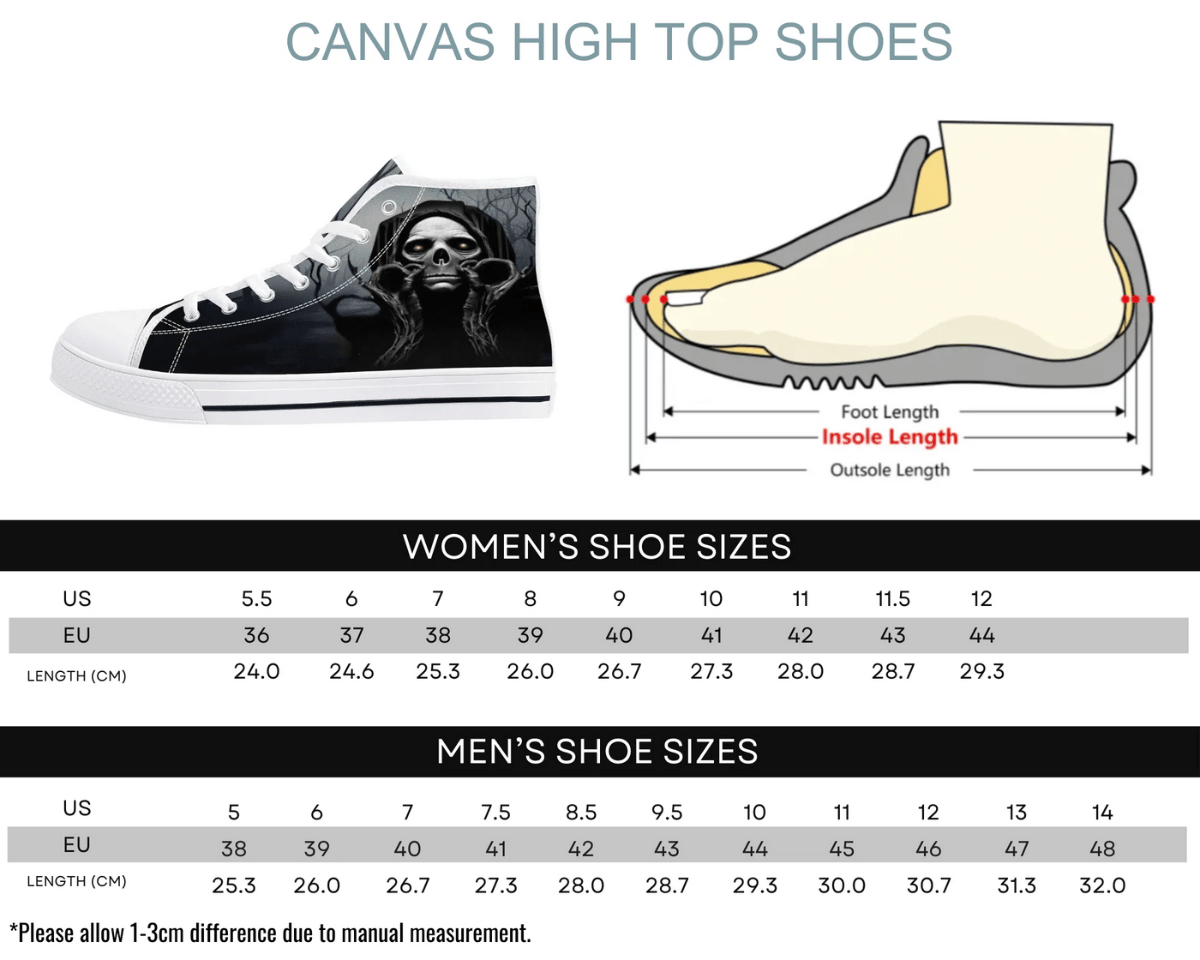 Size Chart for White Creepy Weepy High Top Sneakers by Steadfast 7 - Custom Canvas Shoes Sizing Guide