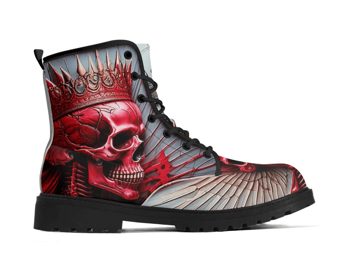Steadfast 7 Crimson Monarch Classic Boots Side View - Red Crowned Skull Design
