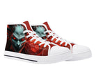 White Hell and Back High Top Sneakers - Flaming Demon Design by Steadfast 7, Custom Canvas Shoes