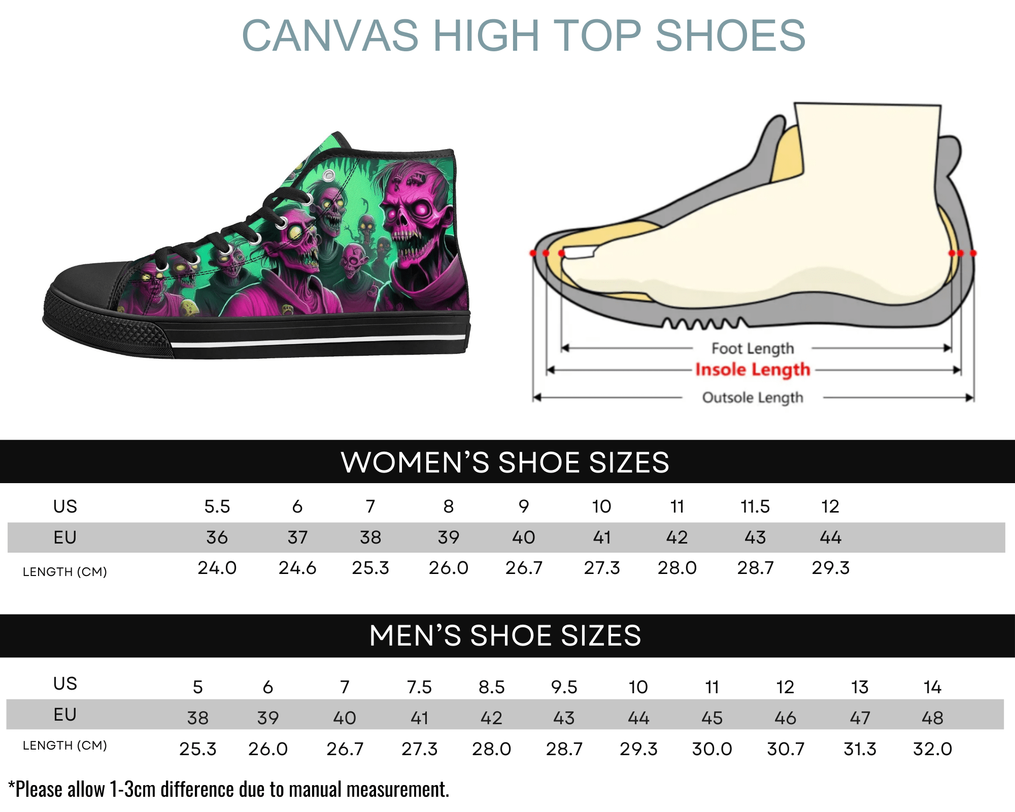 Size Chart for Black Neon Zombie High Top Sneakers by Steadfast 7 - Custom Canvas Shoes Sizing Guide