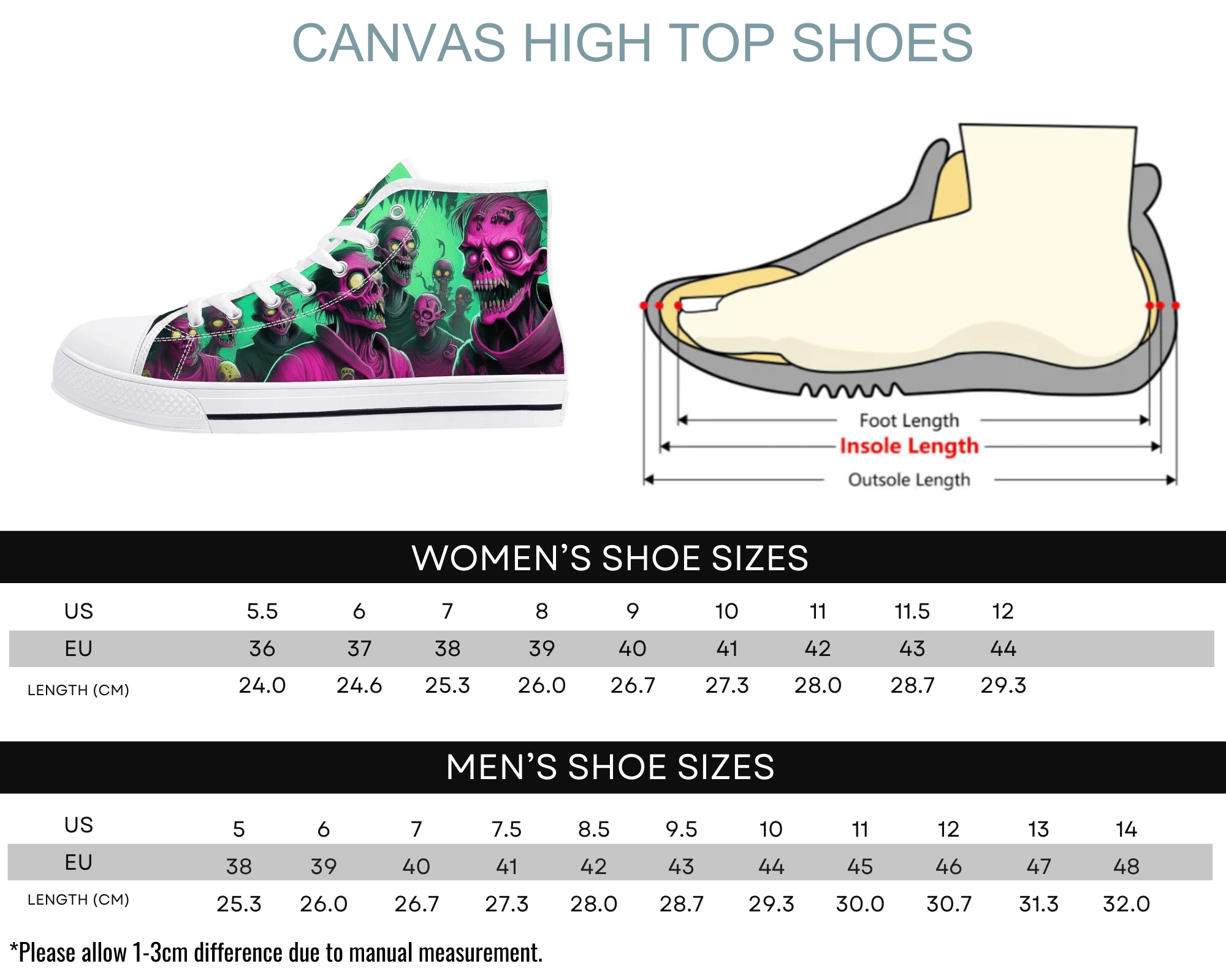 Size Chart for White Neon Zombie High Top Sneakers by Steadfast 7 - Custom Canvas Shoes Sizing Guide