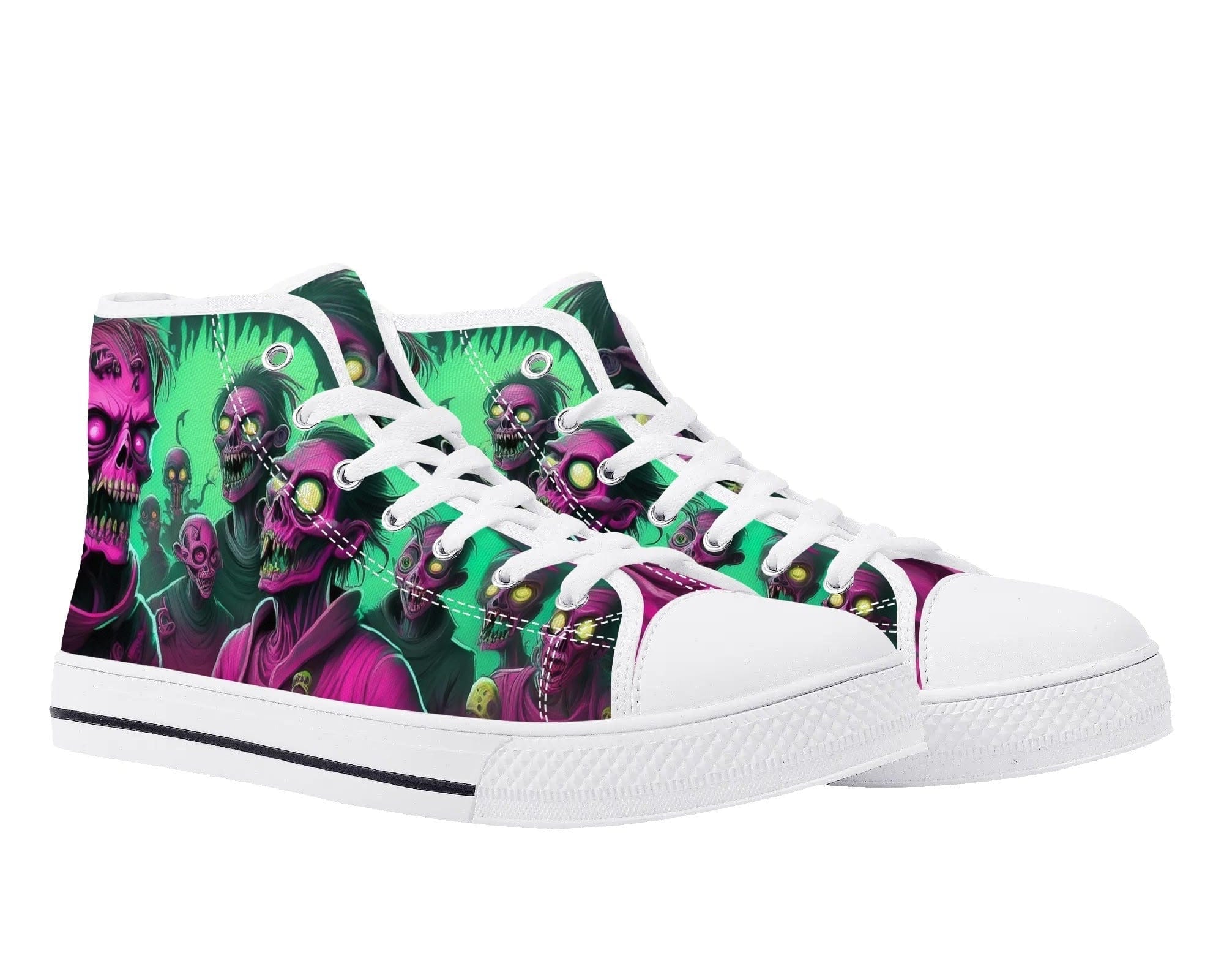 White Neon Zombie High Top Sneakers - Electric Undead Design by Steadfast 7, Custom Canvas Shoes