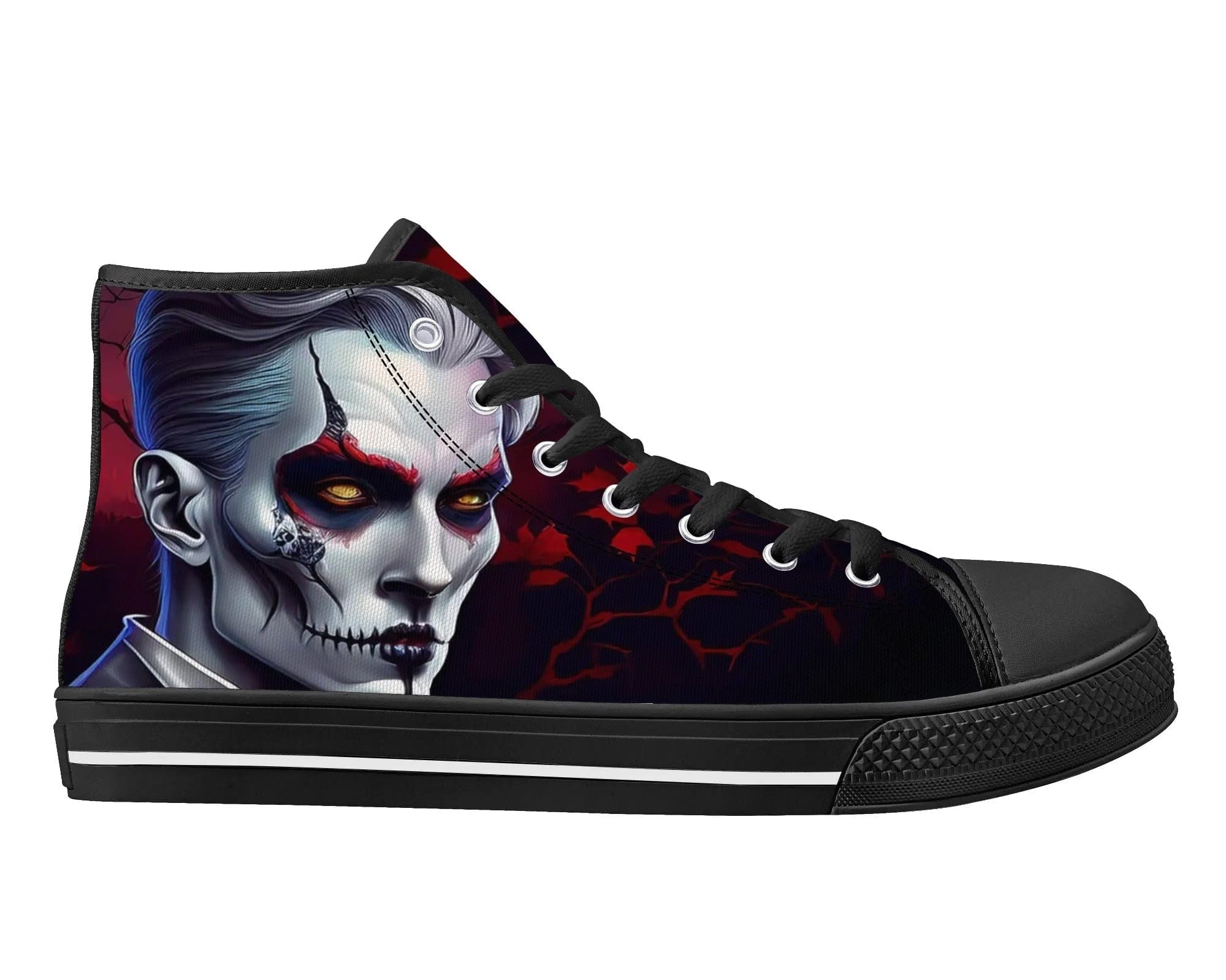 Black Nocturnal Bite High Top Sneakers - Gothic Vampire Portrait Design by Steadfast 7, Custom Canvas Shoes
