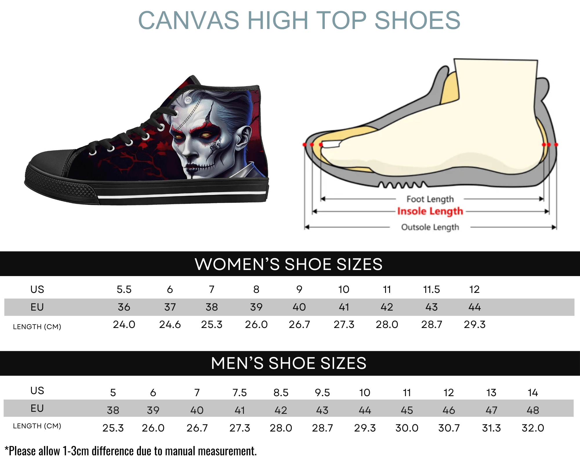 Size Chart for Black Nocturnal Bite High Top Sneakers by Steadfast 7 - Custom Canvas Shoes Sizing Guide