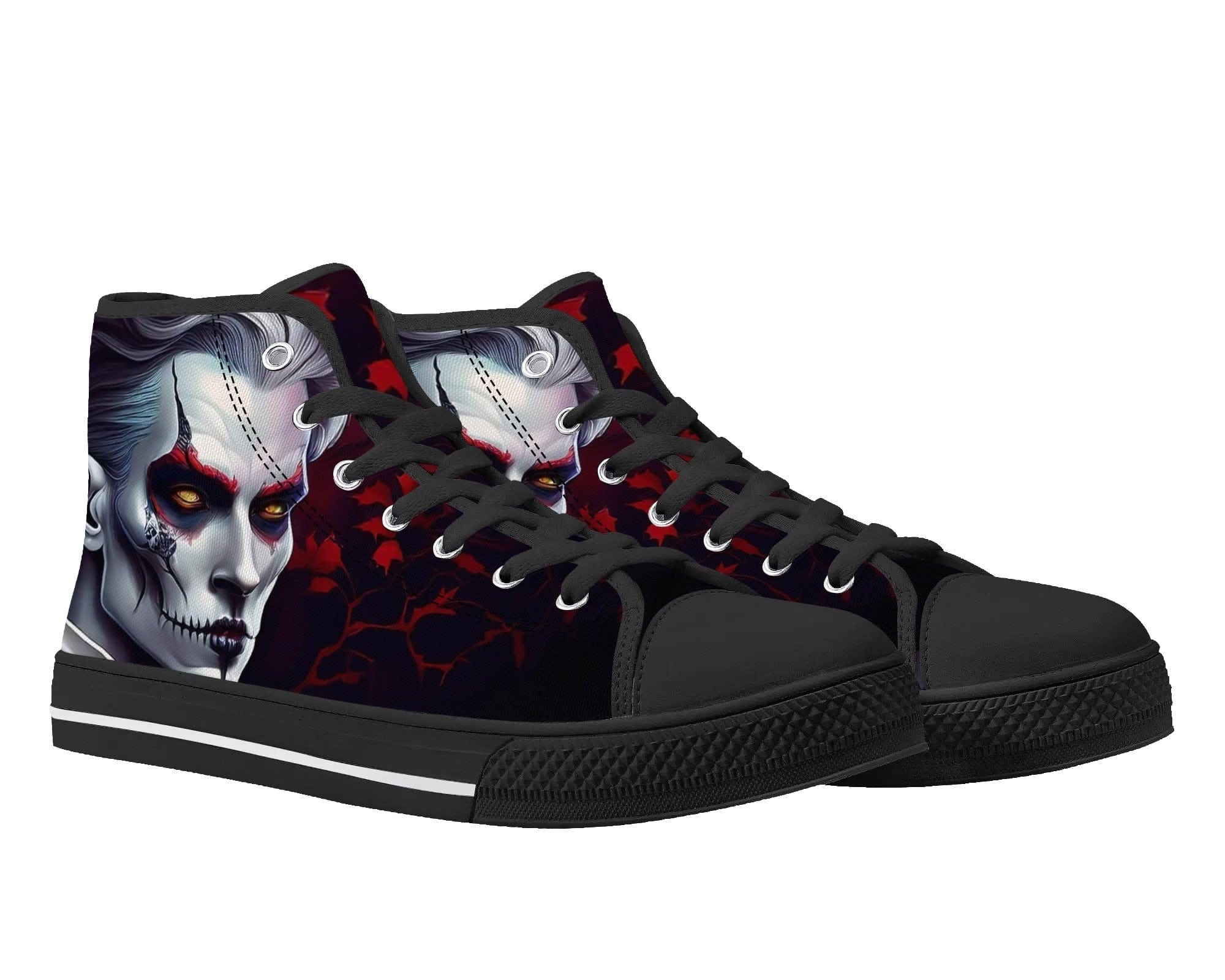 Black Nocturnal Bite High Top Sneakers - Gothic Vampire Portrait Design by Steadfast 7, Custom Canvas Shoes
