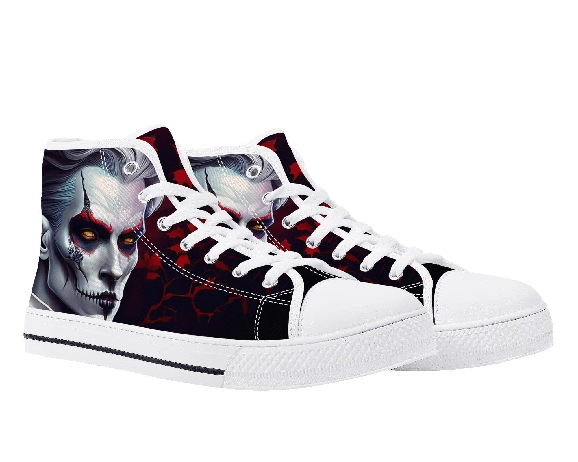 White Nocturnal Bite High Top Sneakers - Gothic Vampire Portrait Design by Steadfast 7, Custom Canvas Shoes