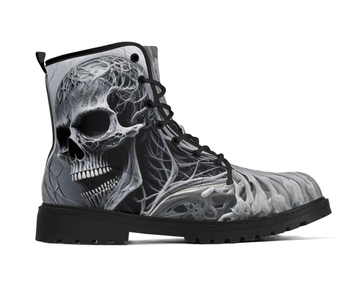 Steadfast 7 Obsidian Skull Classic Boots Side View - Detailed Monochrome Skull
