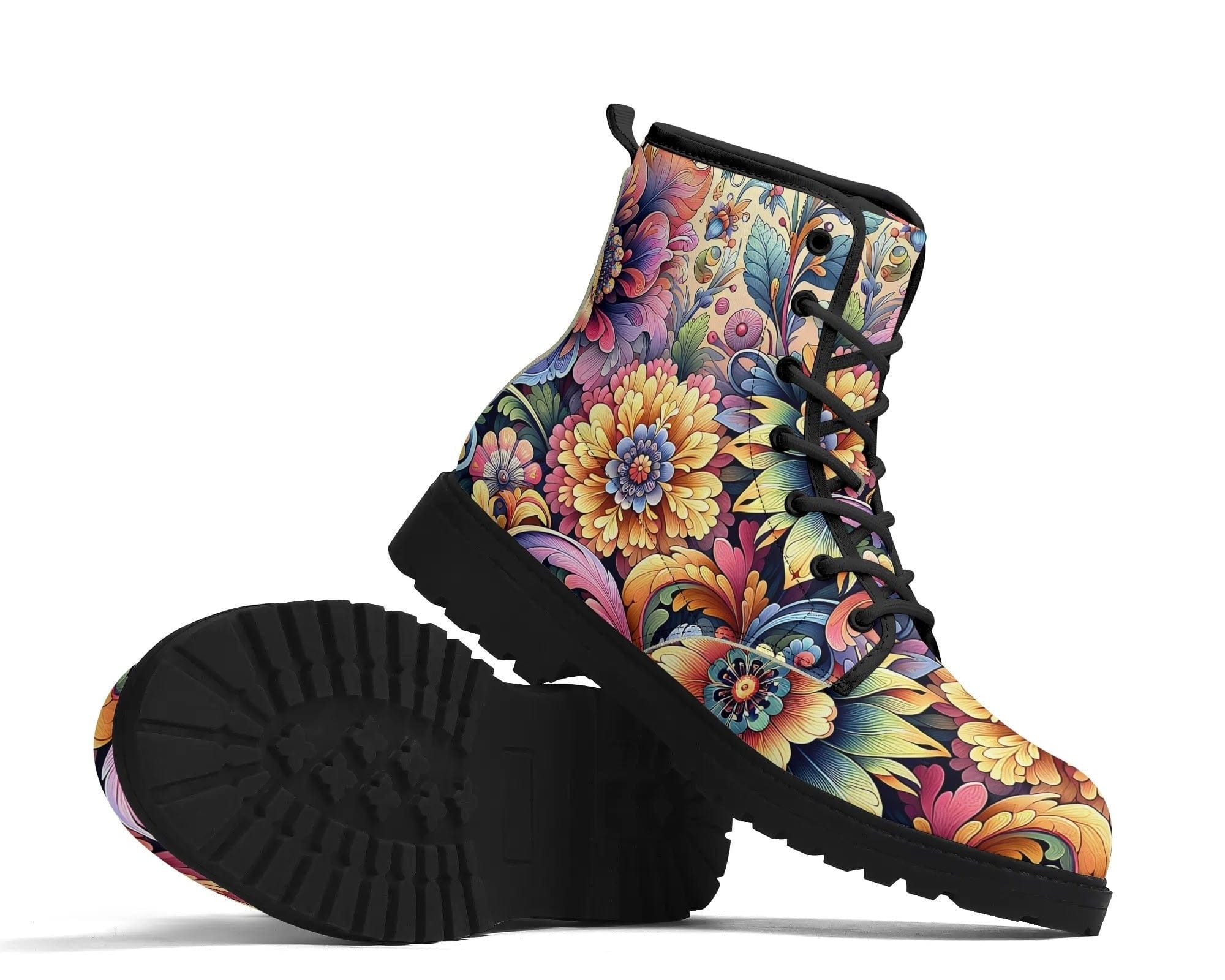 Pastel Petals Leather Boots - Vibrant Sunflower Design Showcase Presentation by Steadfast 7, Custom Classic Boots
