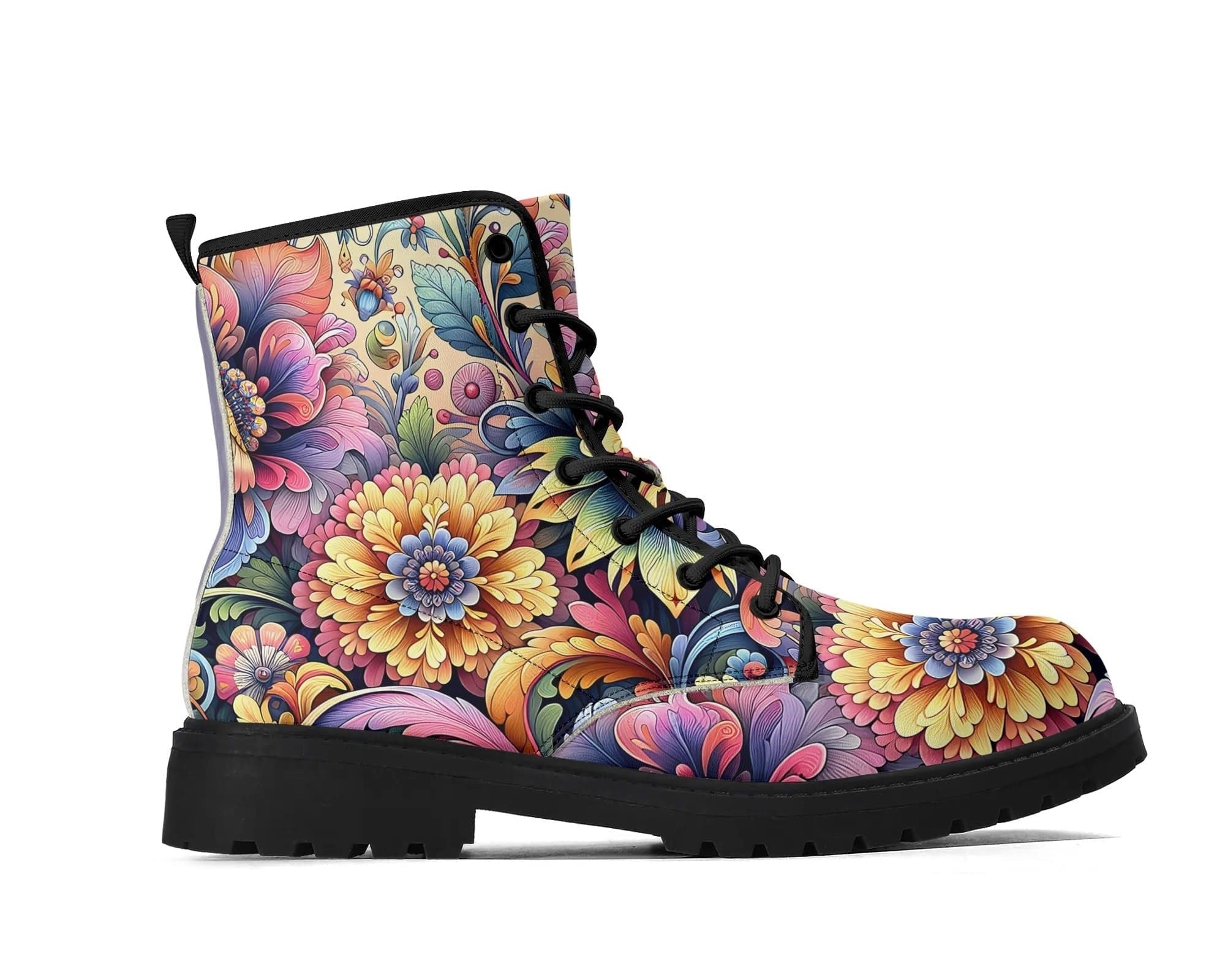 Pastel Petals Leather Boots - Vibrant Sunflower Design Side View by Steadfast 7, Custom Classic Boots
