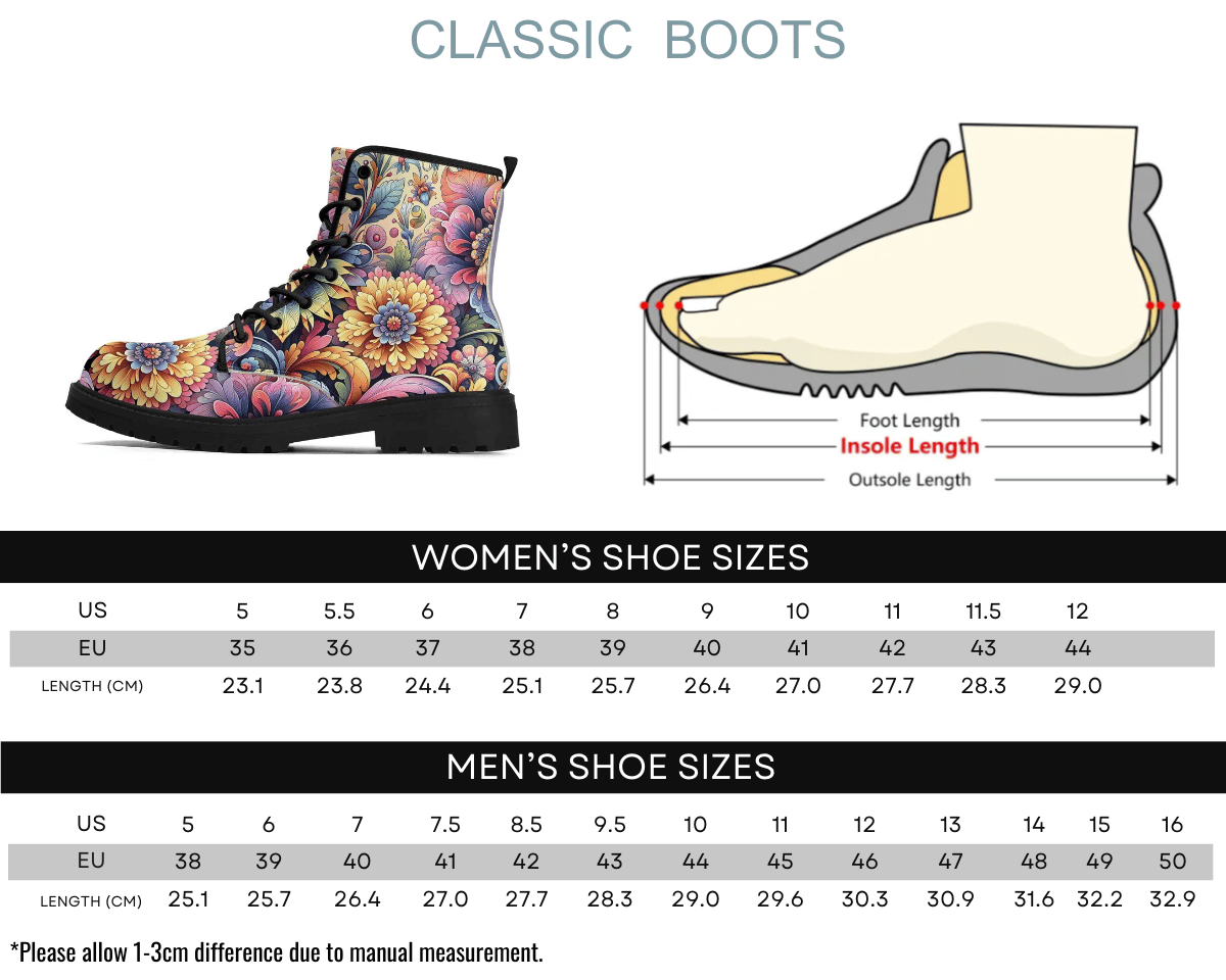 Size Chart for Pastel Petals Leather Boots by Steadfast 7 - Custom Classic Boots Sizing Guide