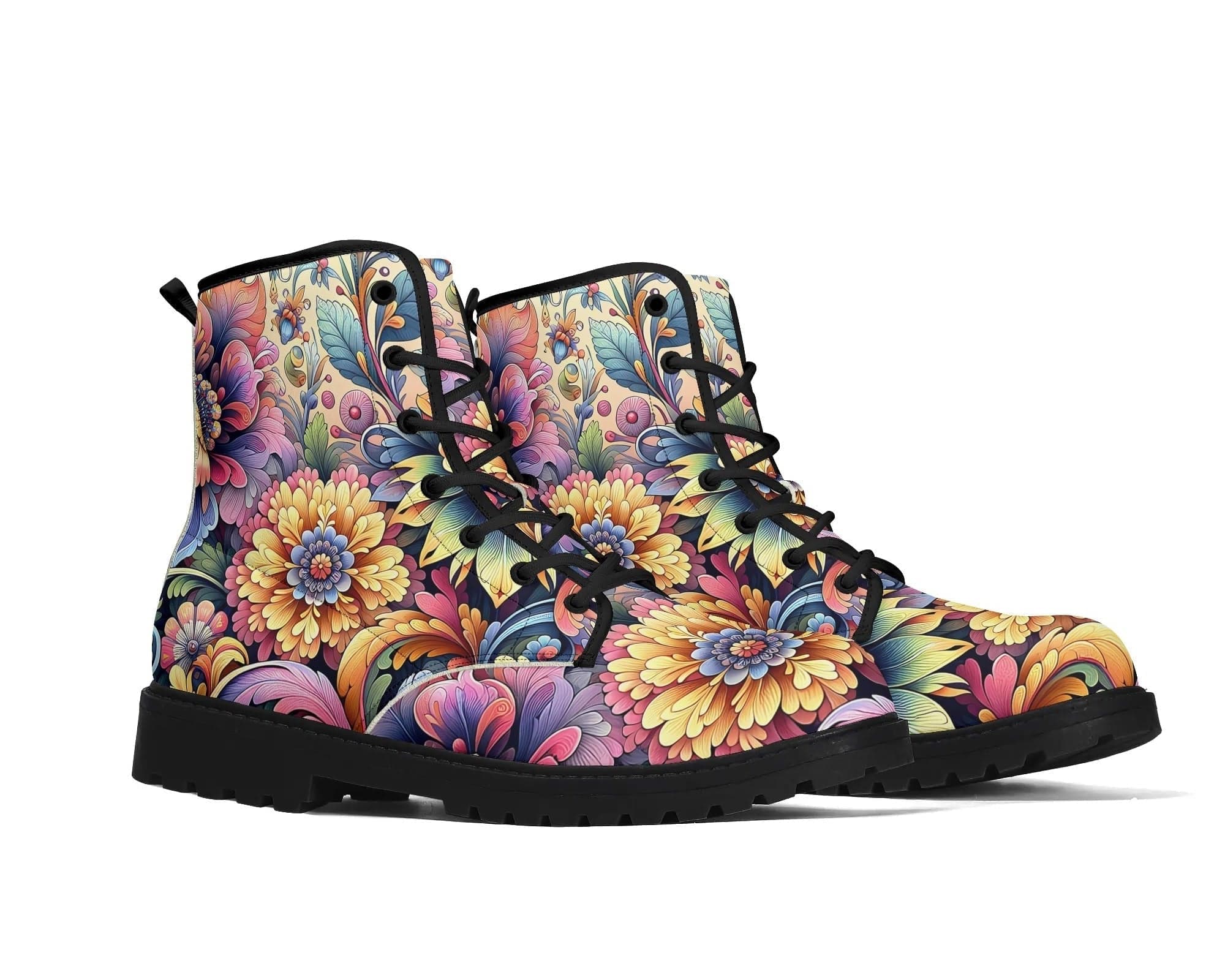 Pastel Petals Leather Boots - Vibrant Sunflower Design Three Quarter View by Steadfast 7, Custom Classic Boots
