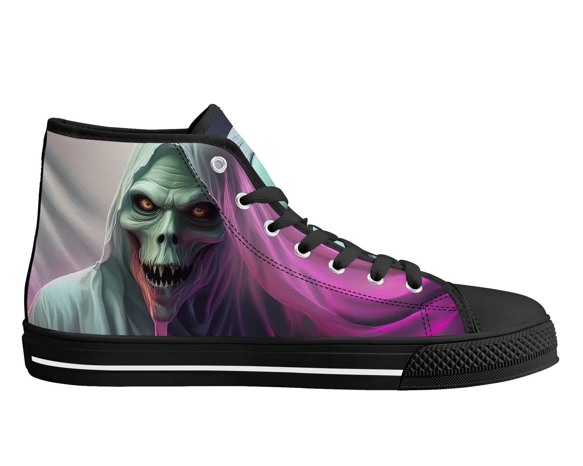 Black Phantom Veil High Top Sneakers - Gothic Ghost Woman Design by Steadfast 7, Custom Canvas Shoes