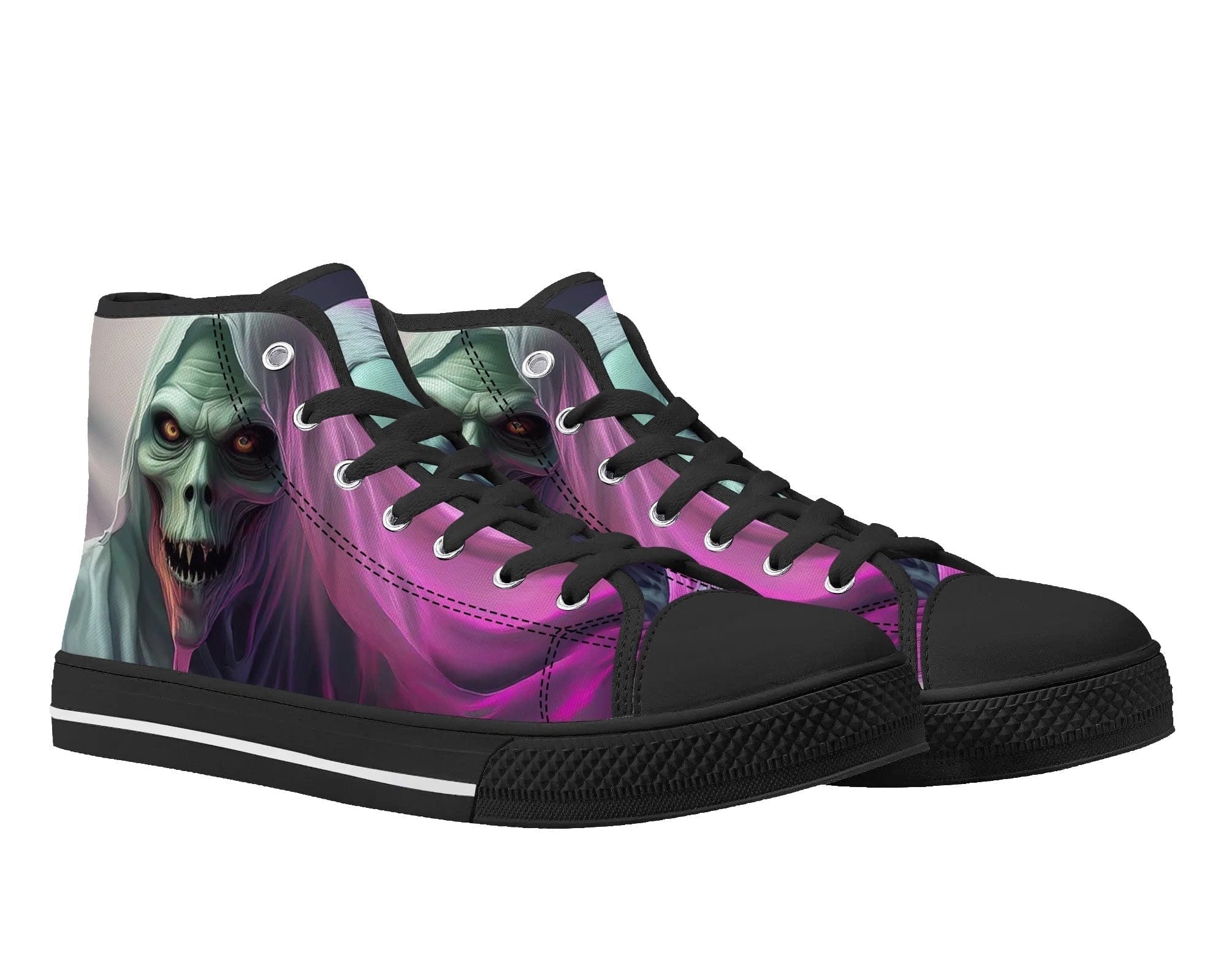 Black Phantom Veil High Top Sneakers - Gothic Ghost Woman Design by Steadfast 7, Custom Canvas Shoes