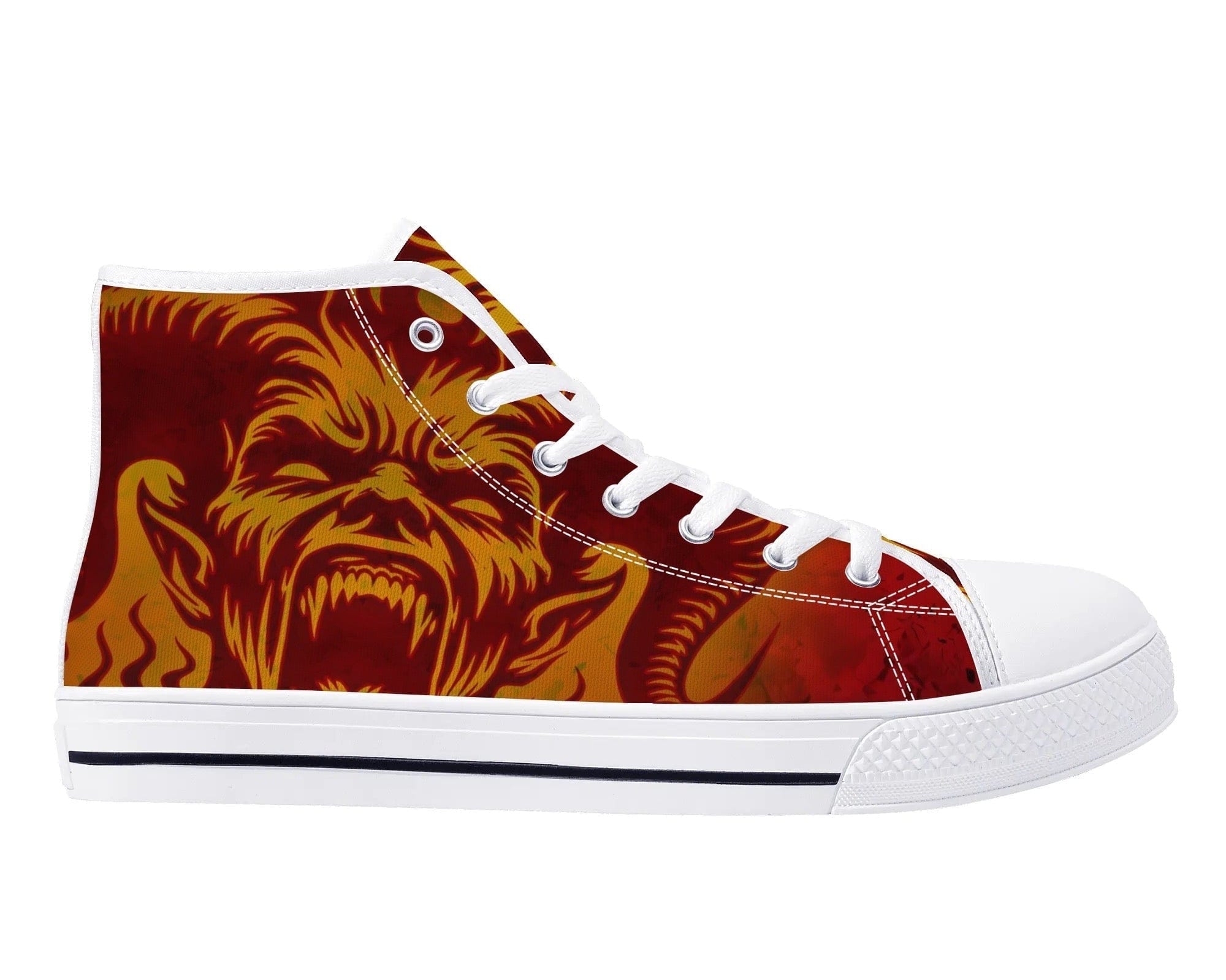 White Screamin' Demon High Top Sneakers - Flaming Demon Pattern by Steadfast 7, Custom Canvas Shoes