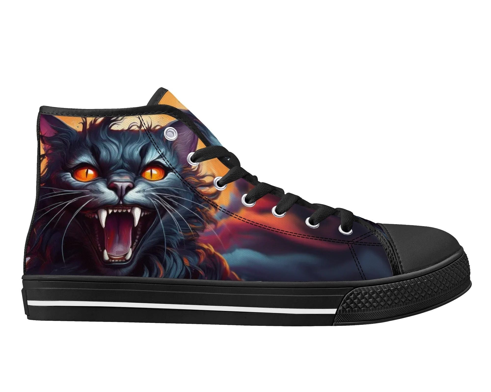 Black Shadow Prowler High Top Sneakers - Halloween Cat Portrait Design by Steadfast 7, Custom Canvas Shoes