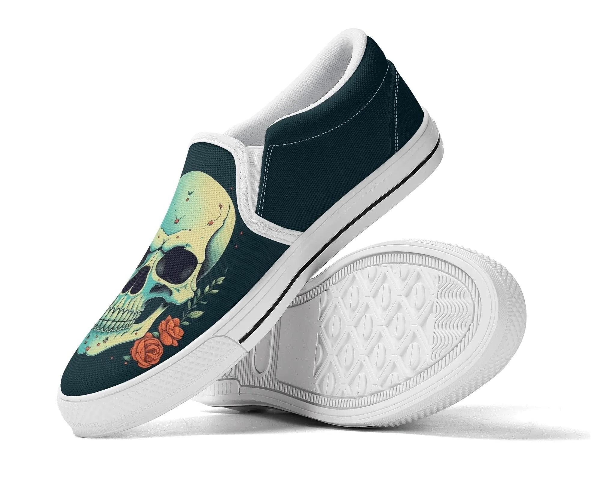 Minty Skull Slip Ons