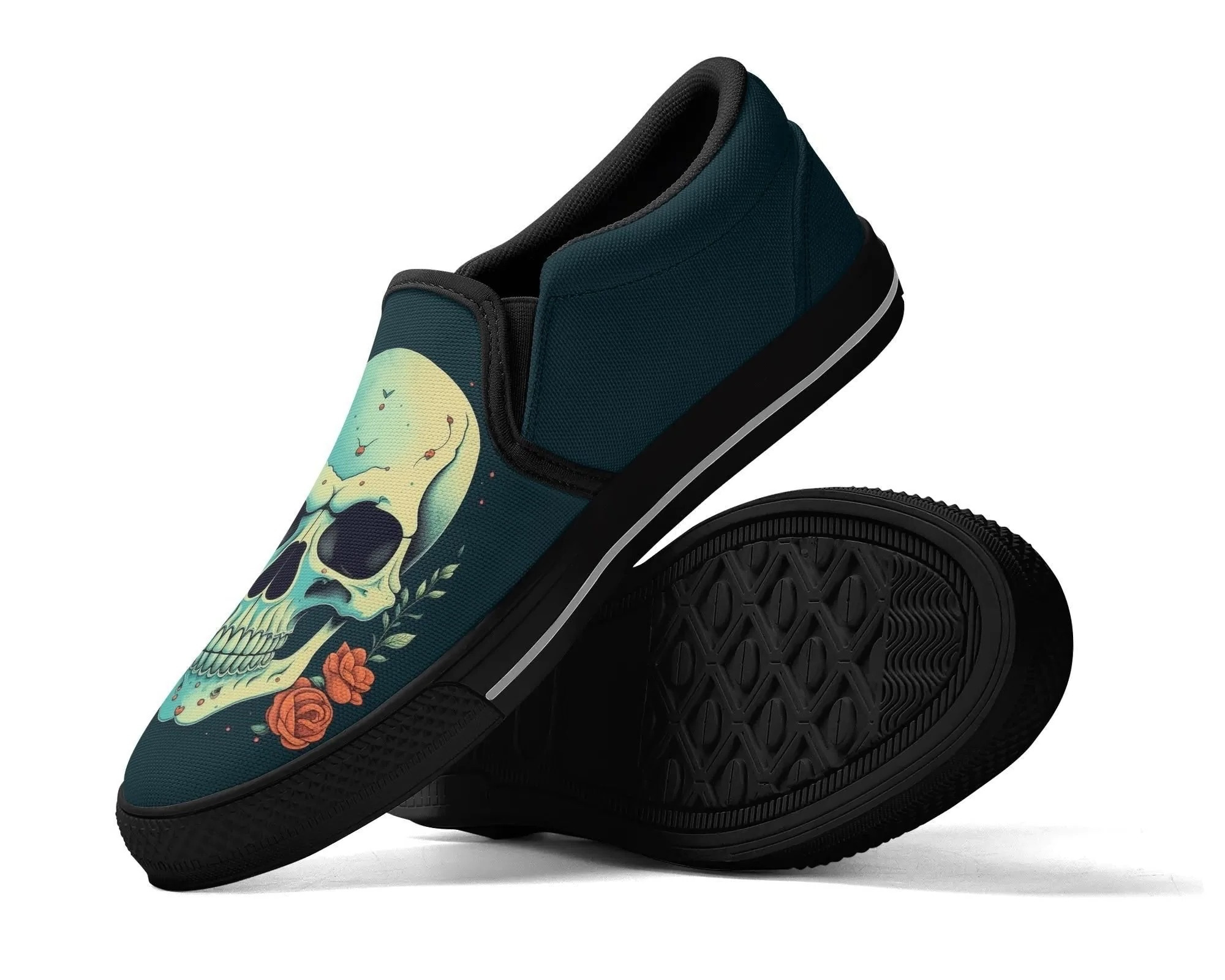 Minty Skull Slip Ons