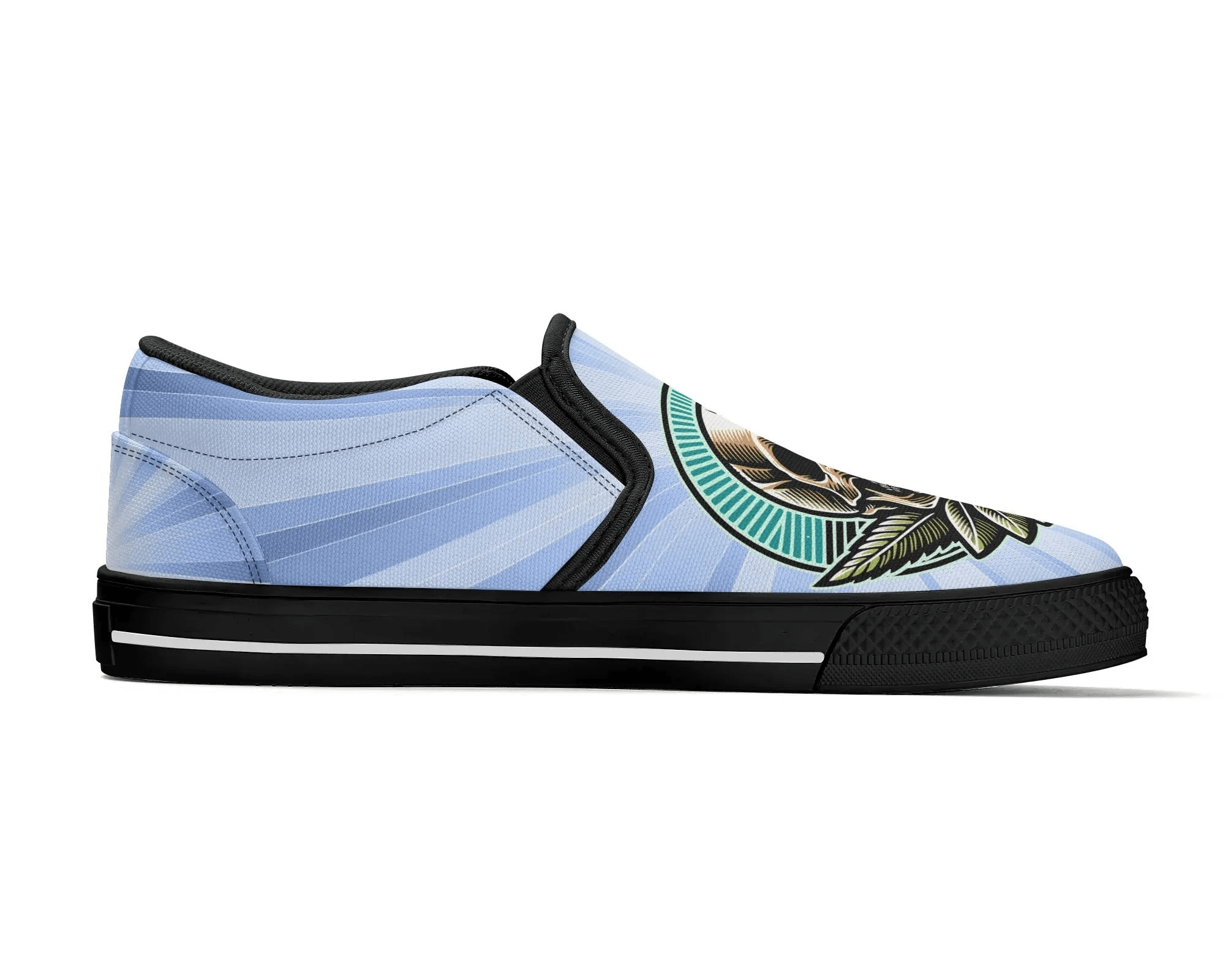 Black Skull with Rays Slip On Sneakers - Traditional Tattoo Burst Design by Steadfast 7, Custom Canvas Shoes
