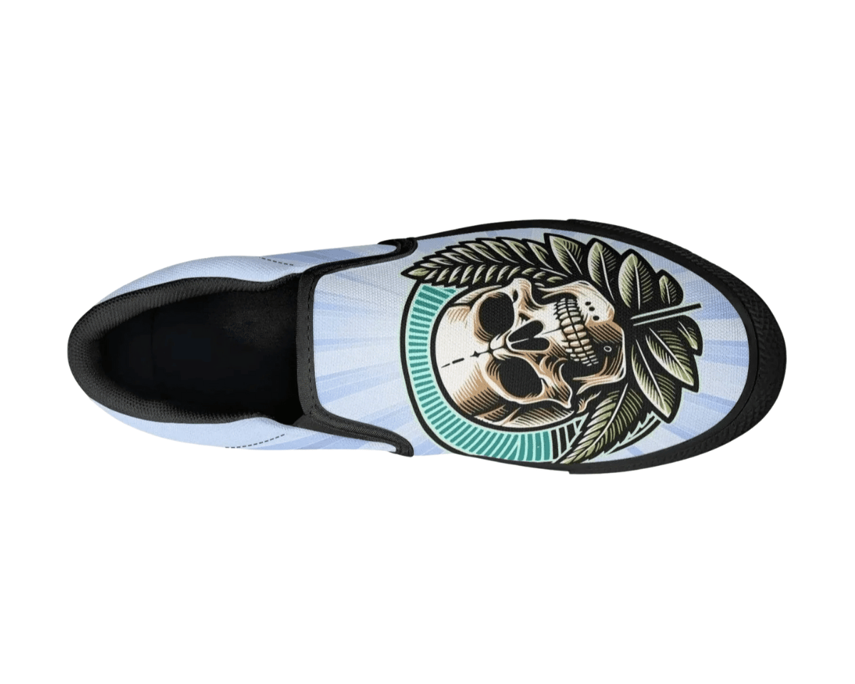 Black Skull with Rays Slip On Sneakers - Traditional Tattoo Burst Design Top View by Steadfast 7, Custom Canvas Shoes
