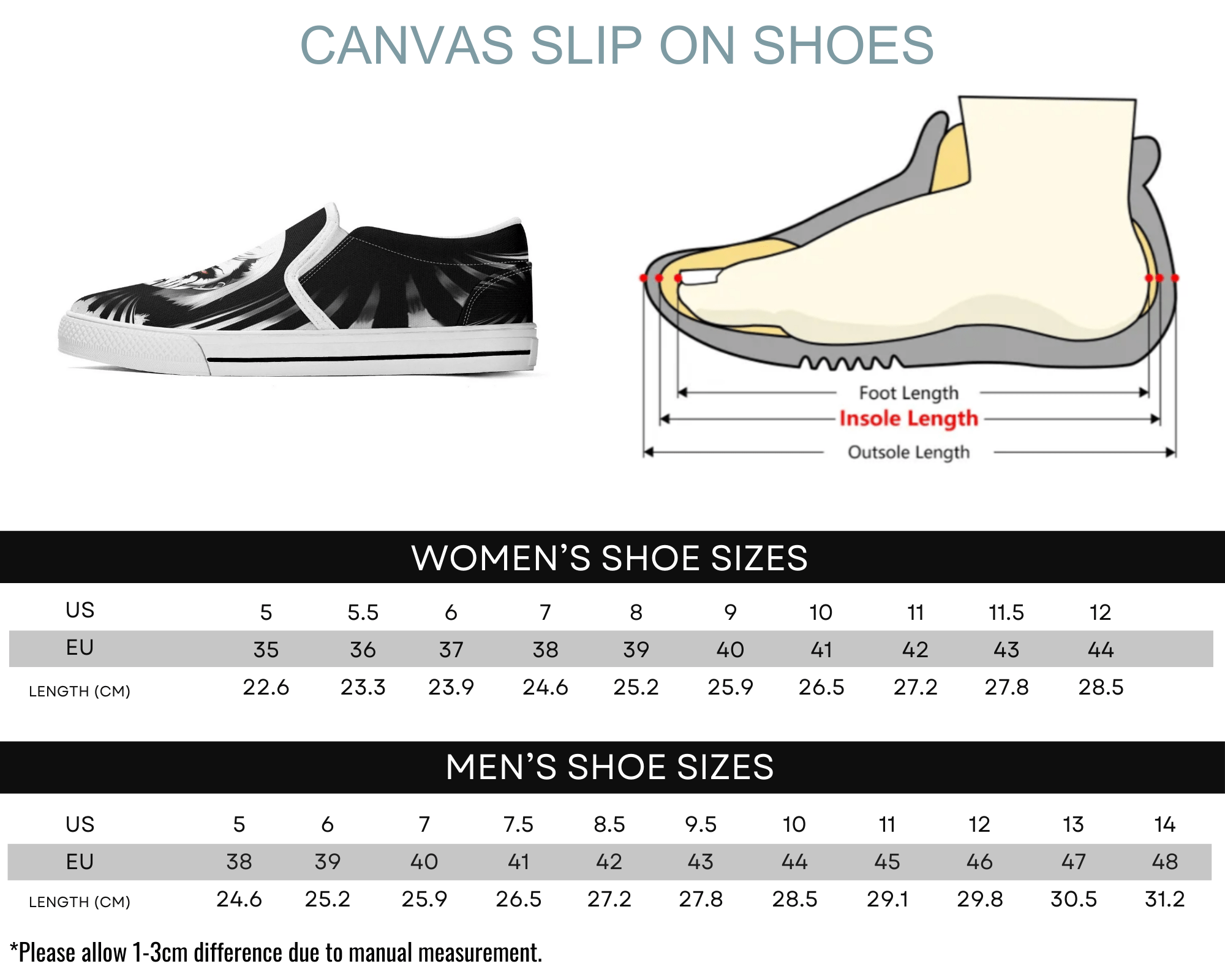 Size Chart for White Spike Ghost Slip On Sneakers by Steadfast 7 - Custom Canvas Shoes Sizing Guide