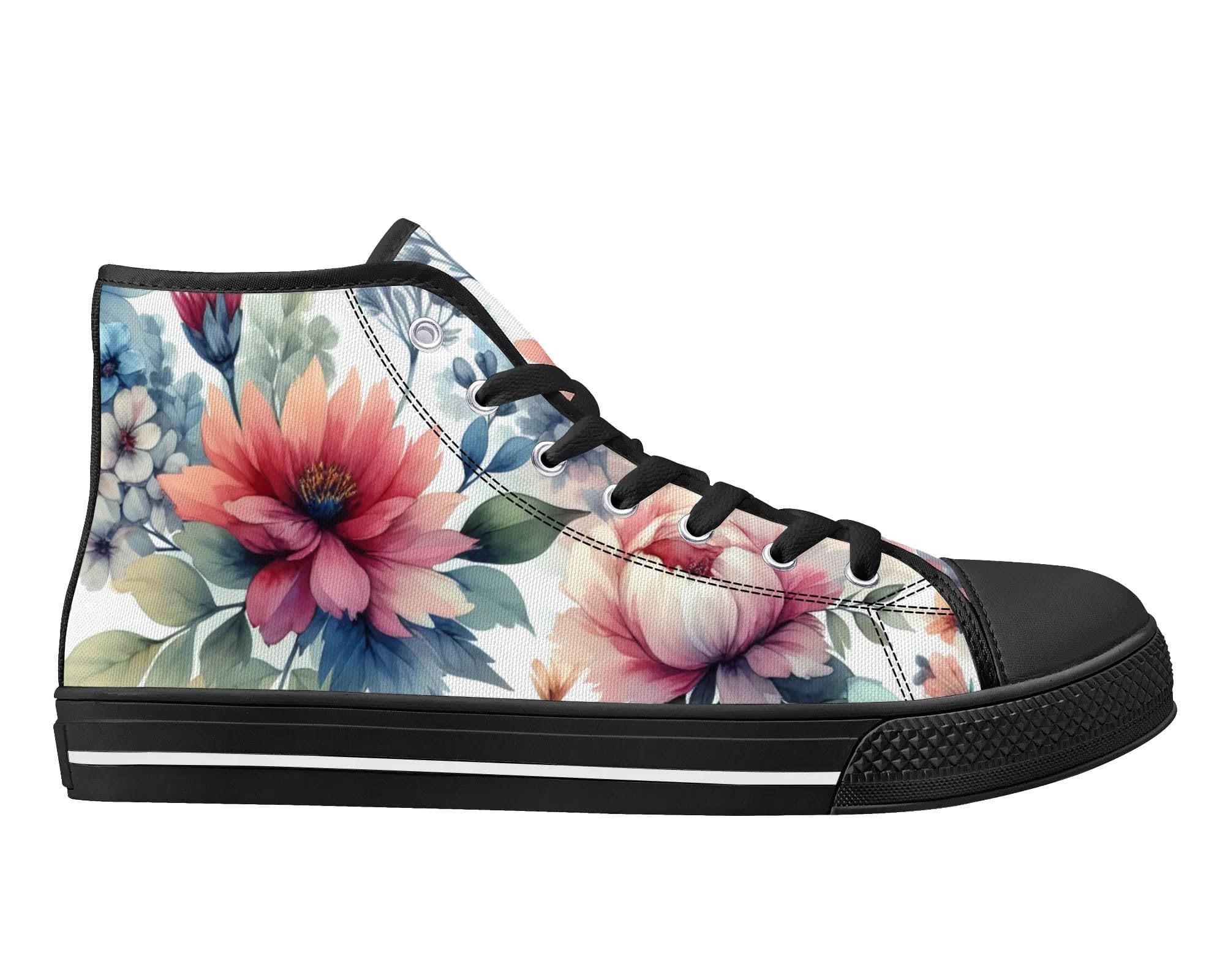Black Spring Garden High Top Sneakers - Pastel Floral Pattern by Steadfast 7, Custom Canvas Shoes
