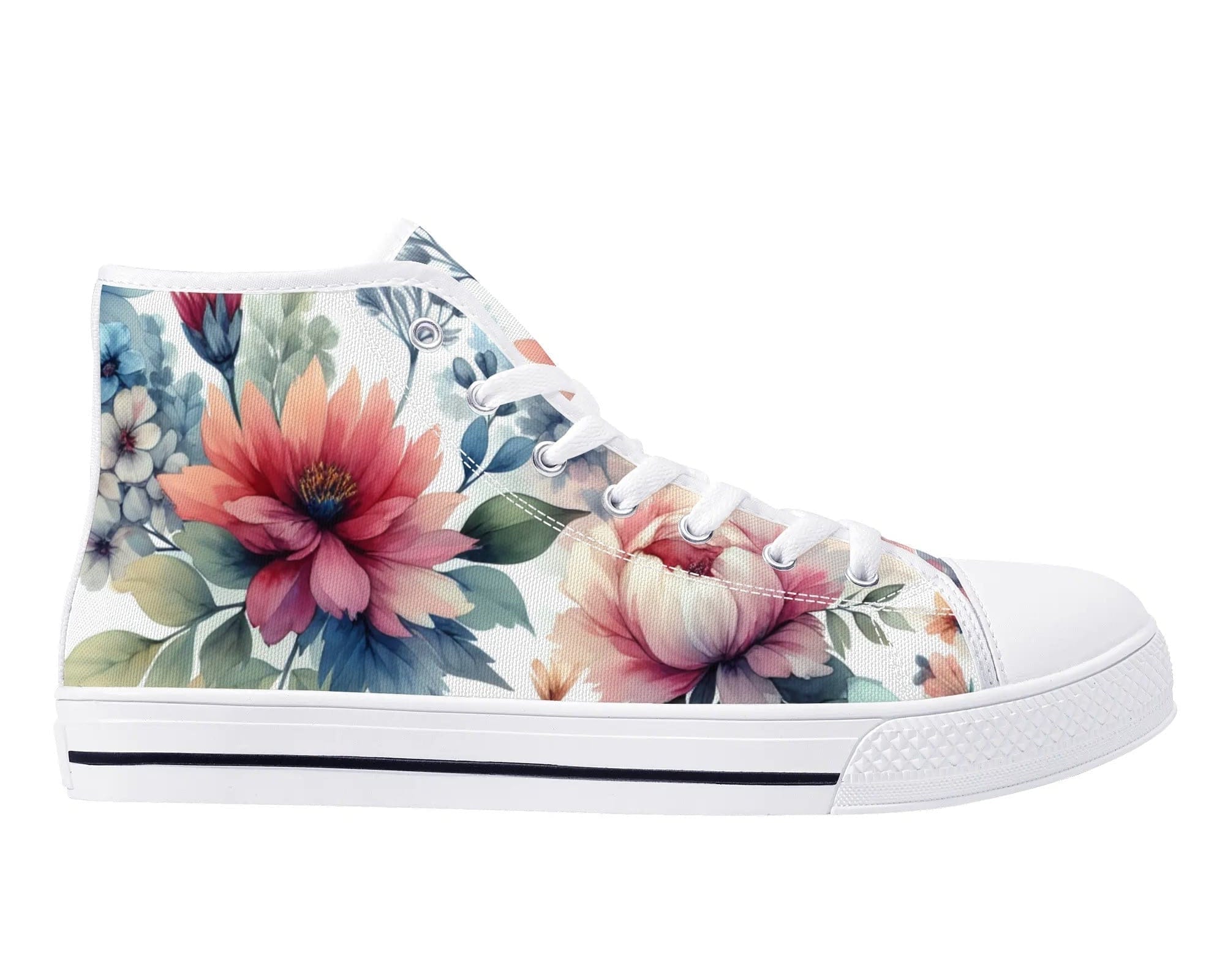 White Spring Garden High Top Sneakers - Pastel Floral Pattern by Steadfast 7, Custom Canvas Shoes